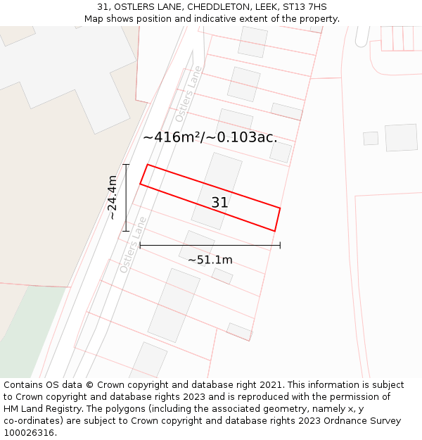 31, OSTLERS LANE, CHEDDLETON, LEEK, ST13 7HS: Plot and title map