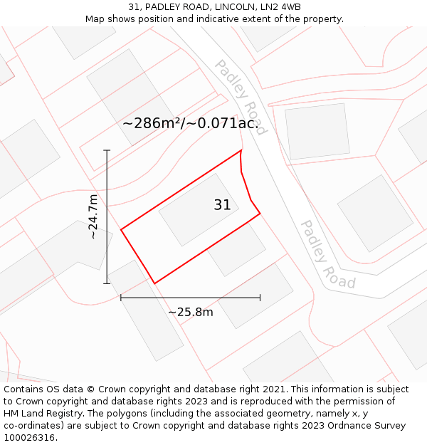 31, PADLEY ROAD, LINCOLN, LN2 4WB: Plot and title map