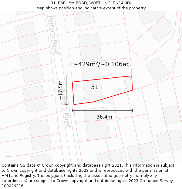31, PARHAM ROAD, WORTHING, BN14 0BL: Plot and title map