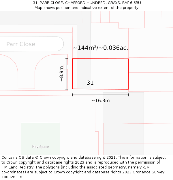 31, PARR CLOSE, CHAFFORD HUNDRED, GRAYS, RM16 6RU: Plot and title map