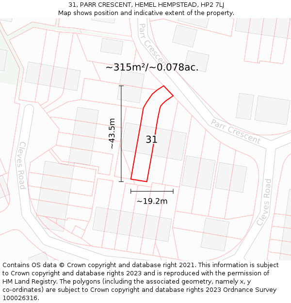 31, PARR CRESCENT, HEMEL HEMPSTEAD, HP2 7LJ: Plot and title map