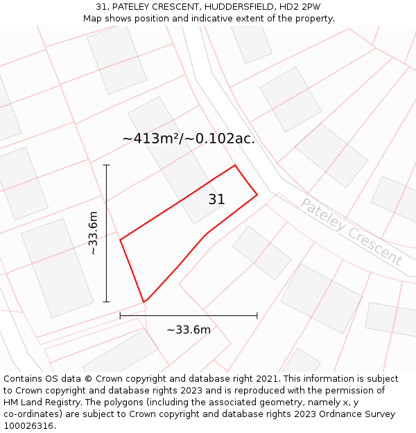 31, PATELEY CRESCENT, HUDDERSFIELD, HD2 2PW: Plot and title map