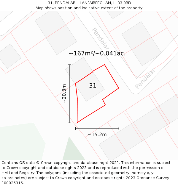 31, PENDALAR, LLANFAIRFECHAN, LL33 0RB: Plot and title map