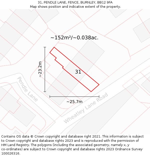 31, PENDLE LANE, FENCE, BURNLEY, BB12 9FA: Plot and title map