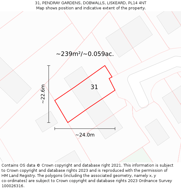 31, PENDRAY GARDENS, DOBWALLS, LISKEARD, PL14 4NT: Plot and title map