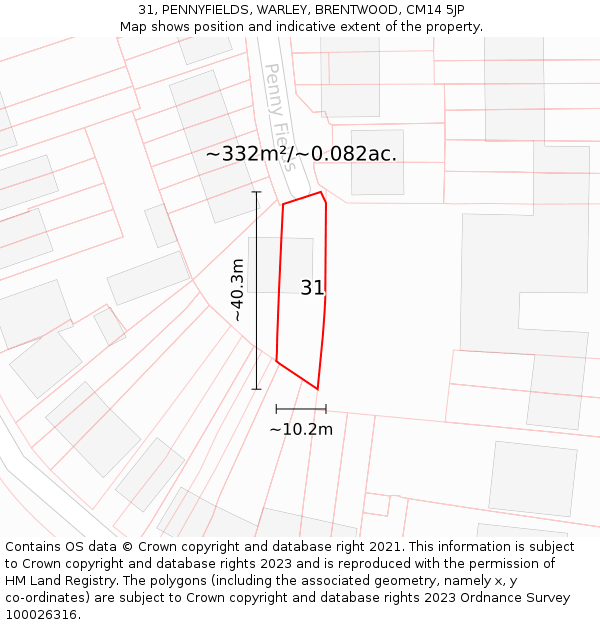 31, PENNYFIELDS, WARLEY, BRENTWOOD, CM14 5JP: Plot and title map