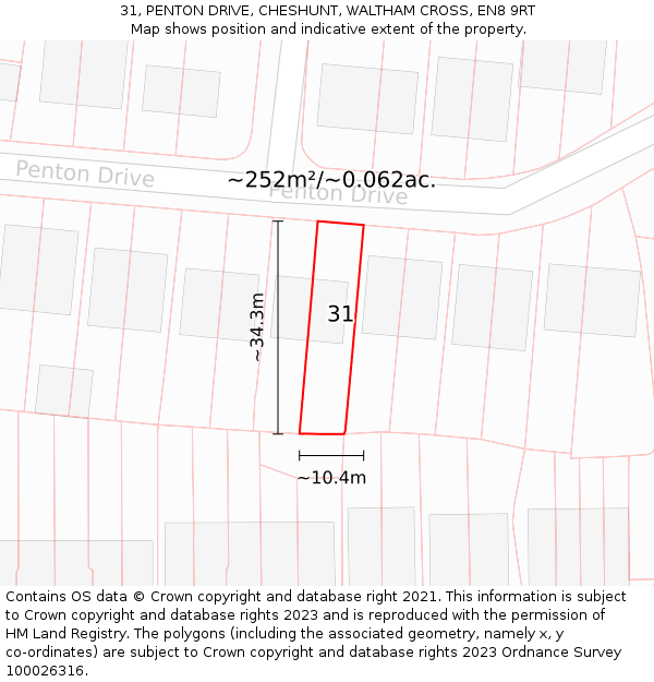 31, PENTON DRIVE, CHESHUNT, WALTHAM CROSS, EN8 9RT: Plot and title map