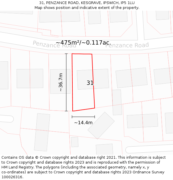 31, PENZANCE ROAD, KESGRAVE, IPSWICH, IP5 1LU: Plot and title map
