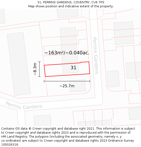 31, PERRINS GARDENS, COVENTRY, CV6 7PS: Plot and title map