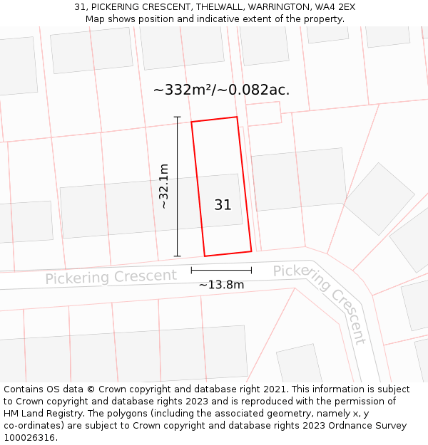 31, PICKERING CRESCENT, THELWALL, WARRINGTON, WA4 2EX: Plot and title map