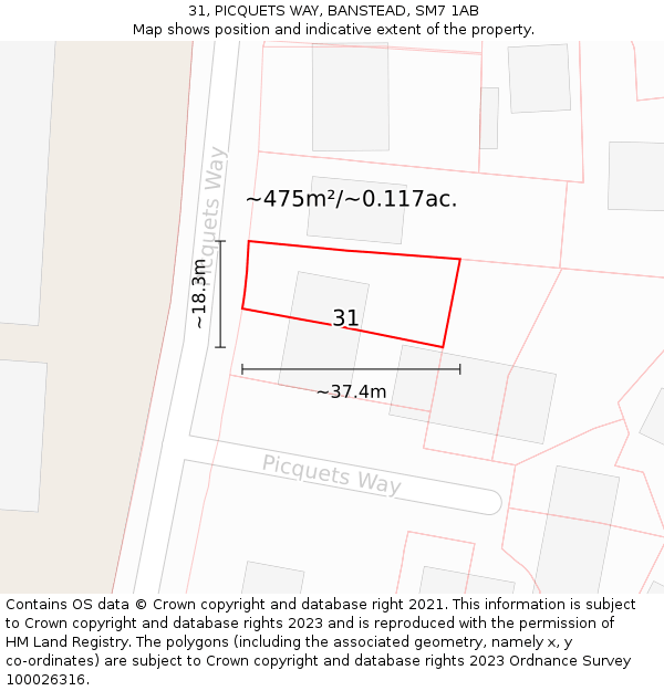 31, PICQUETS WAY, BANSTEAD, SM7 1AB: Plot and title map