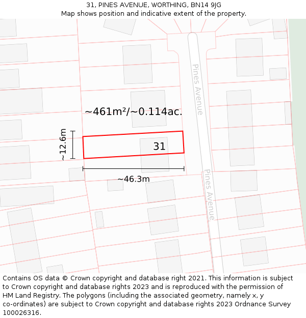 31, PINES AVENUE, WORTHING, BN14 9JG: Plot and title map