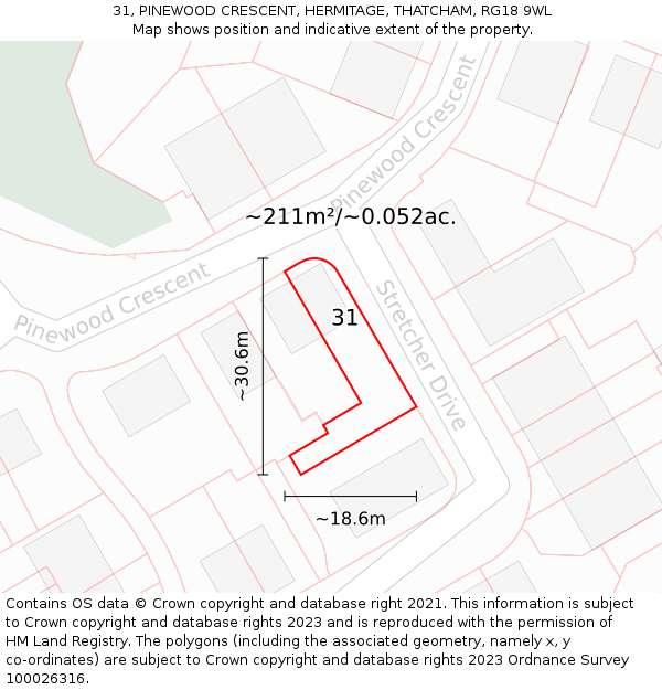 31, PINEWOOD CRESCENT, HERMITAGE, THATCHAM, RG18 9WL: Plot and title map