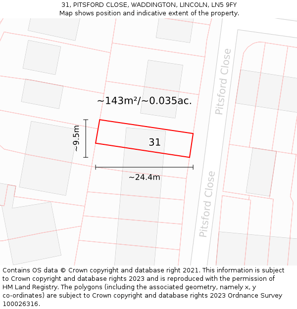 31, PITSFORD CLOSE, WADDINGTON, LINCOLN, LN5 9FY: Plot and title map