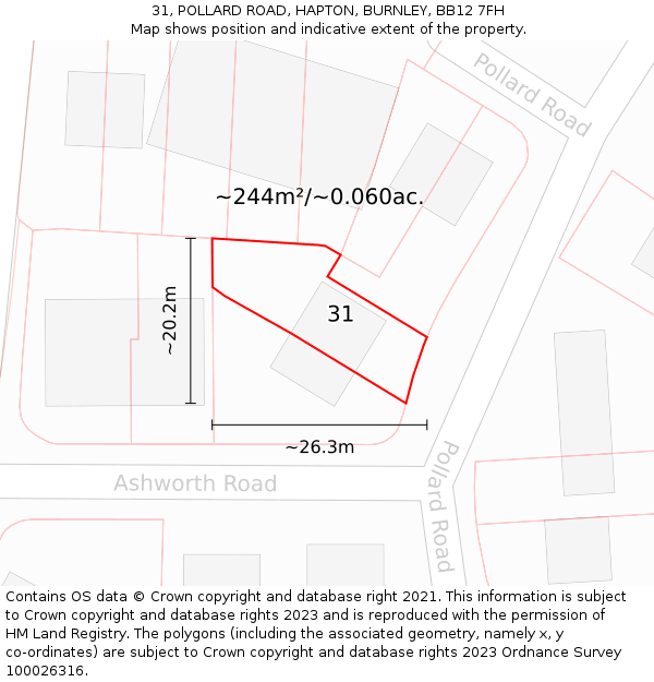31, POLLARD ROAD, HAPTON, BURNLEY, BB12 7FH: Plot and title map