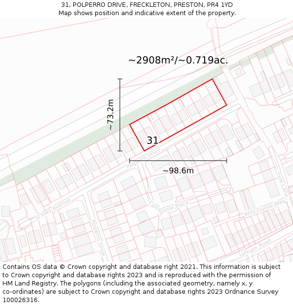 31, POLPERRO DRIVE, FRECKLETON, PRESTON, PR4 1YD: Plot and title map