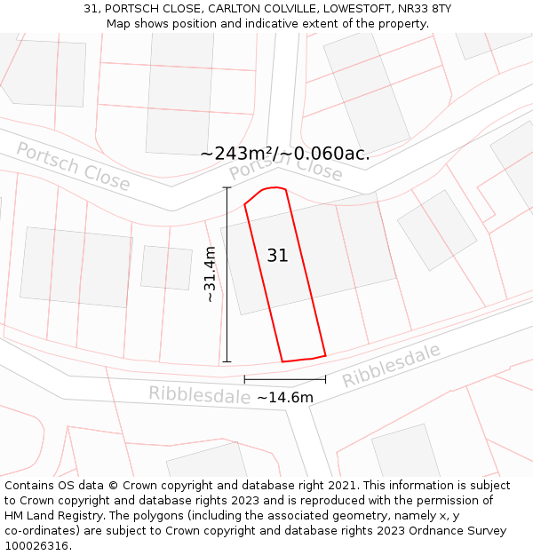31, PORTSCH CLOSE, CARLTON COLVILLE, LOWESTOFT, NR33 8TY: Plot and title map