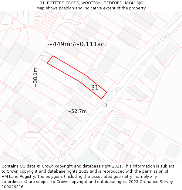 31, POTTERS CROSS, WOOTTON, BEDFORD, MK43 9JG: Plot and title map
