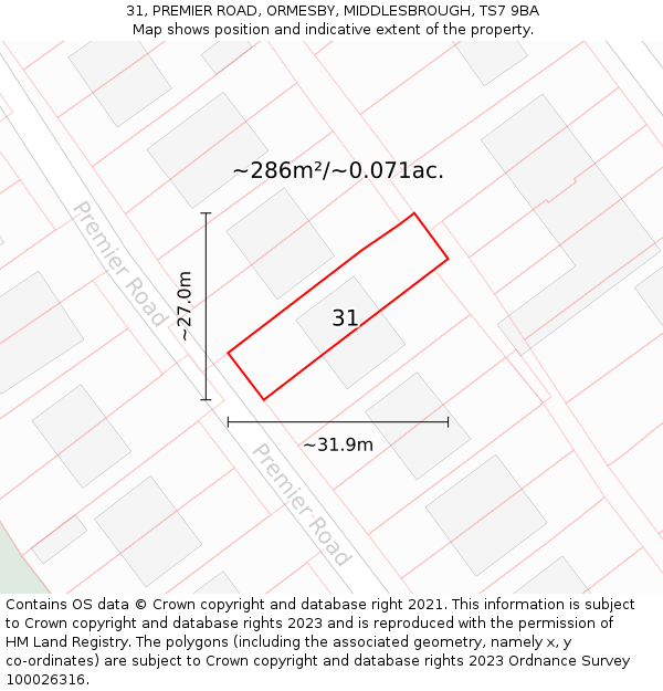 31, PREMIER ROAD, ORMESBY, MIDDLESBROUGH, TS7 9BA: Plot and title map