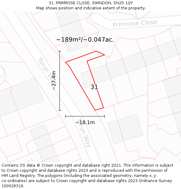 31, PRIMROSE CLOSE, SWINDON, SN25 1QY: Plot and title map