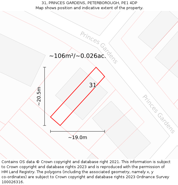 31, PRINCES GARDENS, PETERBOROUGH, PE1 4DP: Plot and title map