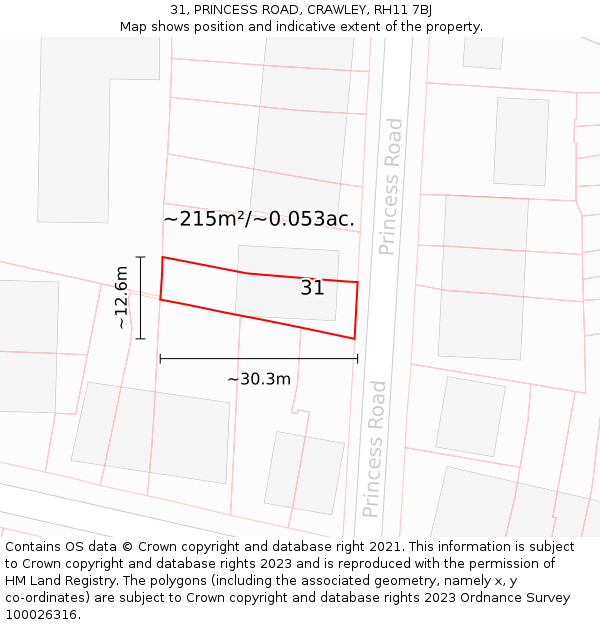 31, PRINCESS ROAD, CRAWLEY, RH11 7BJ: Plot and title map