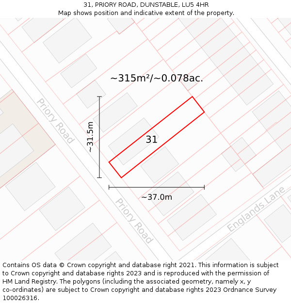 31, PRIORY ROAD, DUNSTABLE, LU5 4HR: Plot and title map