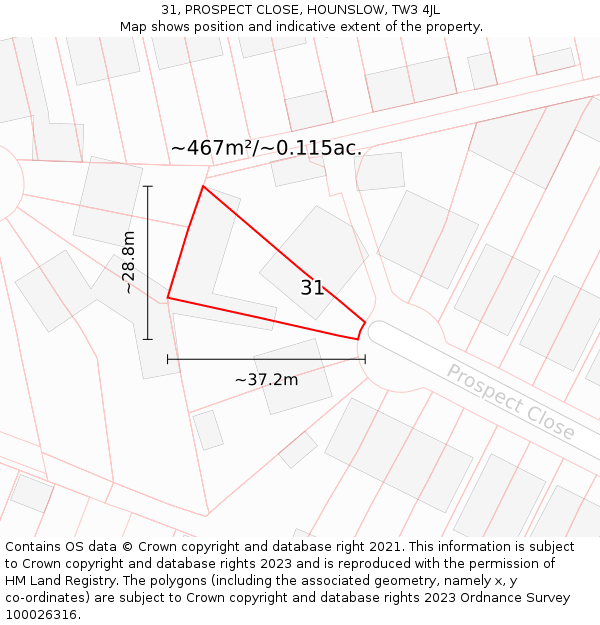 31, PROSPECT CLOSE, HOUNSLOW, TW3 4JL: Plot and title map
