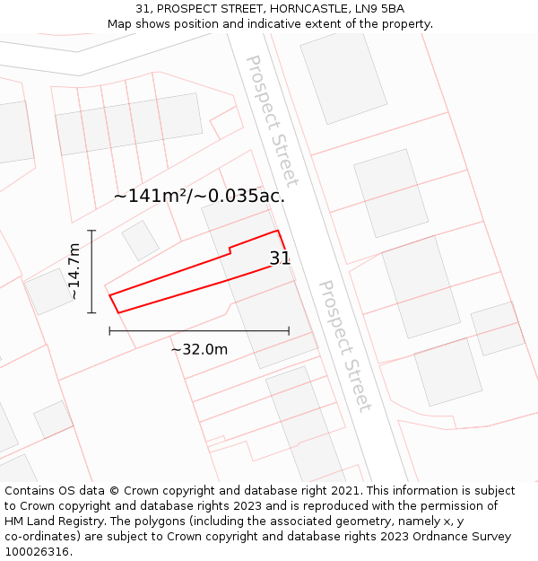 31, PROSPECT STREET, HORNCASTLE, LN9 5BA: Plot and title map