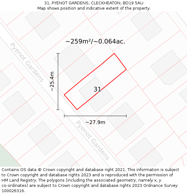 31, PYENOT GARDENS, CLECKHEATON, BD19 5AU: Plot and title map