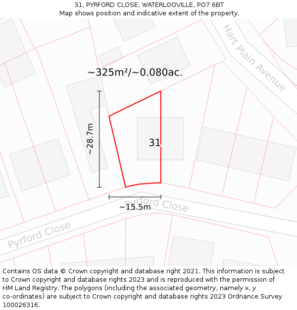 31, PYRFORD CLOSE, WATERLOOVILLE, PO7 6BT: Plot and title map