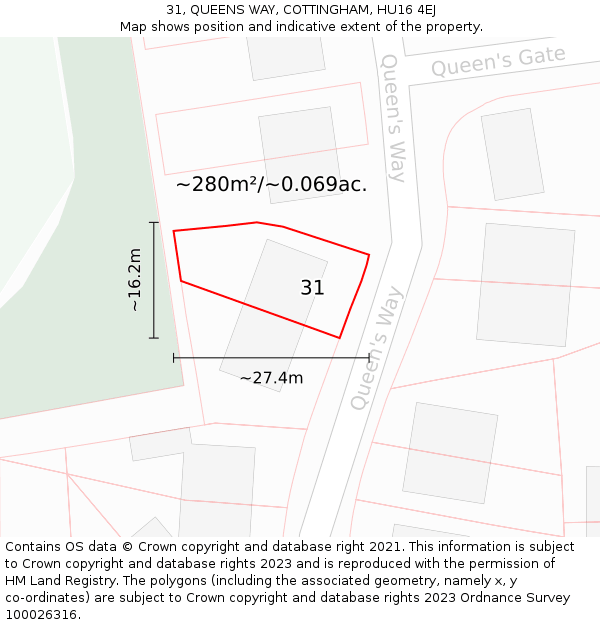31, QUEENS WAY, COTTINGHAM, HU16 4EJ: Plot and title map