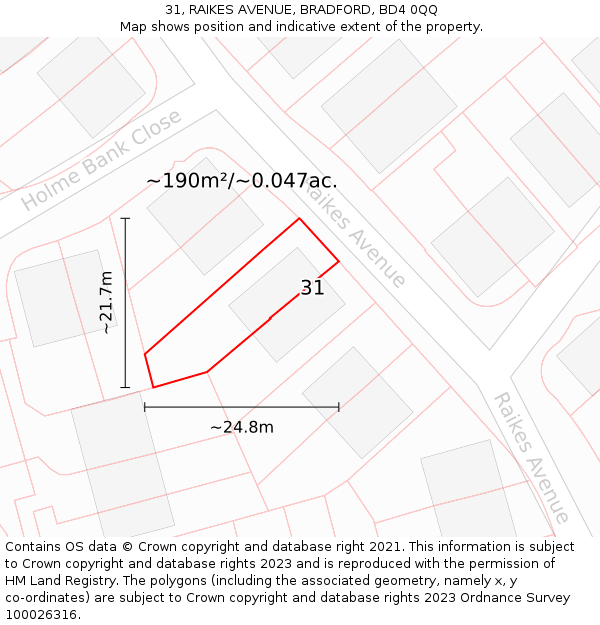 31, RAIKES AVENUE, BRADFORD, BD4 0QQ: Plot and title map