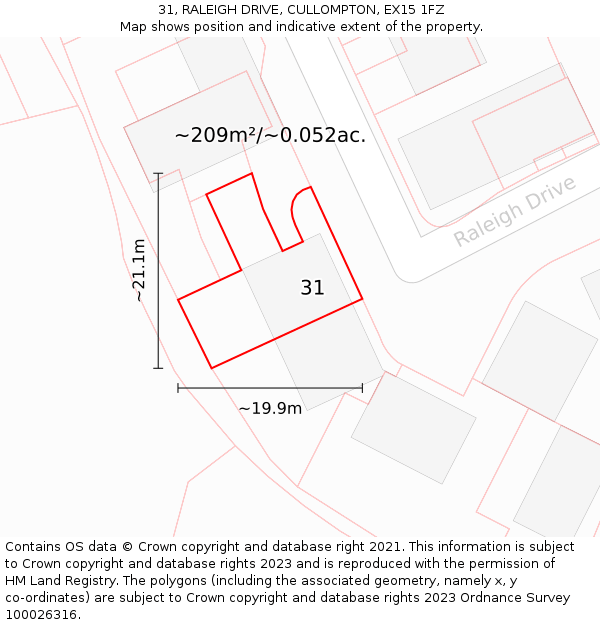 31, RALEIGH DRIVE, CULLOMPTON, EX15 1FZ: Plot and title map