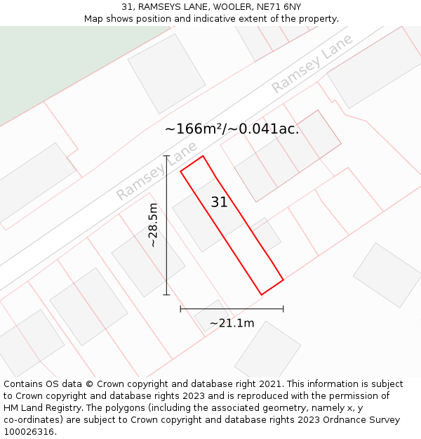 31, RAMSEYS LANE, WOOLER, NE71 6NY: Plot and title map