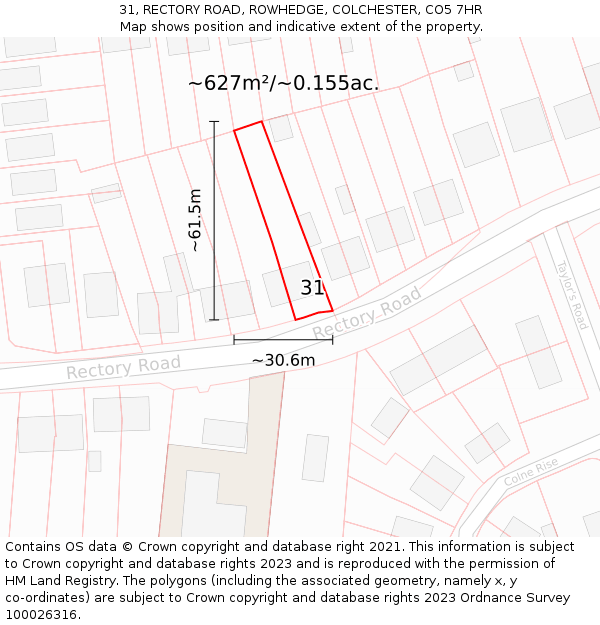 31, RECTORY ROAD, ROWHEDGE, COLCHESTER, CO5 7HR: Plot and title map