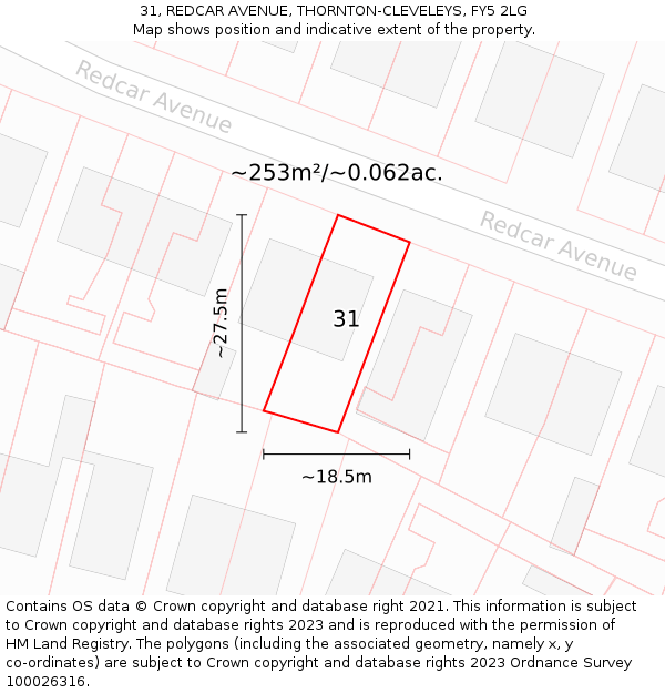 31, REDCAR AVENUE, THORNTON-CLEVELEYS, FY5 2LG: Plot and title map