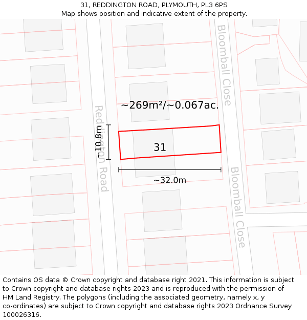 31, REDDINGTON ROAD, PLYMOUTH, PL3 6PS: Plot and title map
