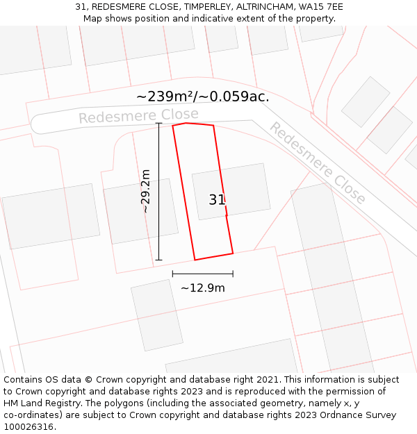 31, REDESMERE CLOSE, TIMPERLEY, ALTRINCHAM, WA15 7EE: Plot and title map