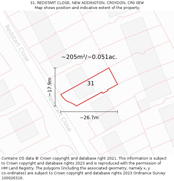 31, REDSTART CLOSE, NEW ADDINGTON, CROYDON, CR0 0EW: Plot and title map