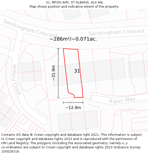 31, RIPON WAY, ST ALBANS, AL4 9AJ: Plot and title map