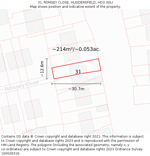 31, ROMSEY CLOSE, HUDDERSFIELD, HD3 3GU: Plot and title map
