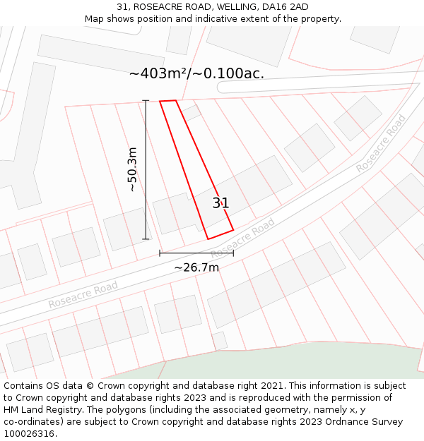 31, ROSEACRE ROAD, WELLING, DA16 2AD: Plot and title map