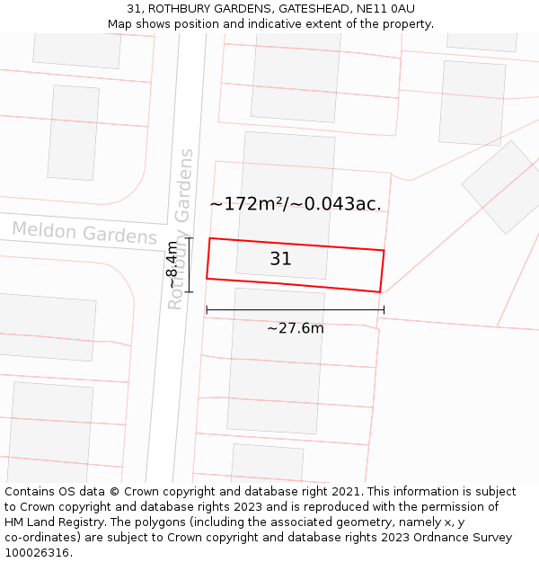 31, ROTHBURY GARDENS, GATESHEAD, NE11 0AU: Plot and title map