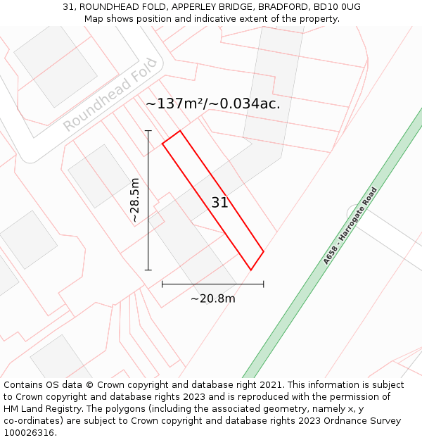 31, ROUNDHEAD FOLD, APPERLEY BRIDGE, BRADFORD, BD10 0UG: Plot and title map