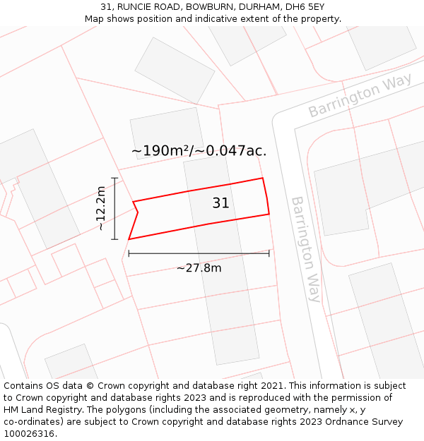 31, RUNCIE ROAD, BOWBURN, DURHAM, DH6 5EY: Plot and title map