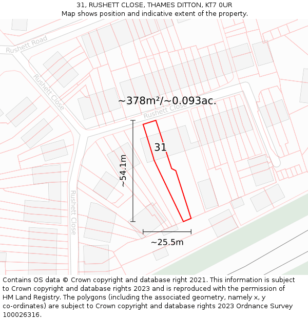 31, RUSHETT CLOSE, THAMES DITTON, KT7 0UR: Plot and title map