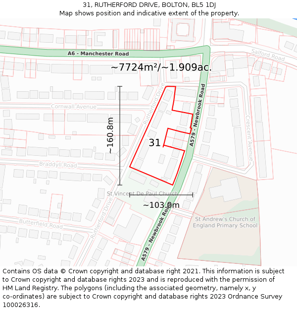 31, RUTHERFORD DRIVE, BOLTON, BL5 1DJ: Plot and title map