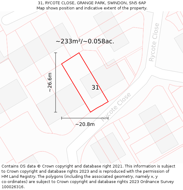 31, RYCOTE CLOSE, GRANGE PARK, SWINDON, SN5 6AP: Plot and title map