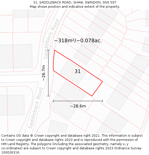 31, SADDLEBACK ROAD, SHAW, SWINDON, SN5 5ST: Plot and title map